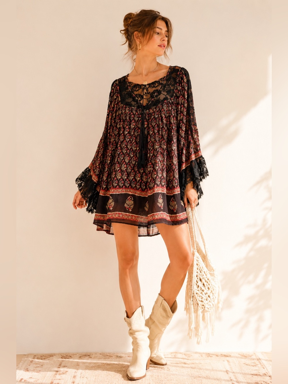 Free People Nomad Child Boho Sheer Lace Back Mini Dress Romantic Sz S Oversized